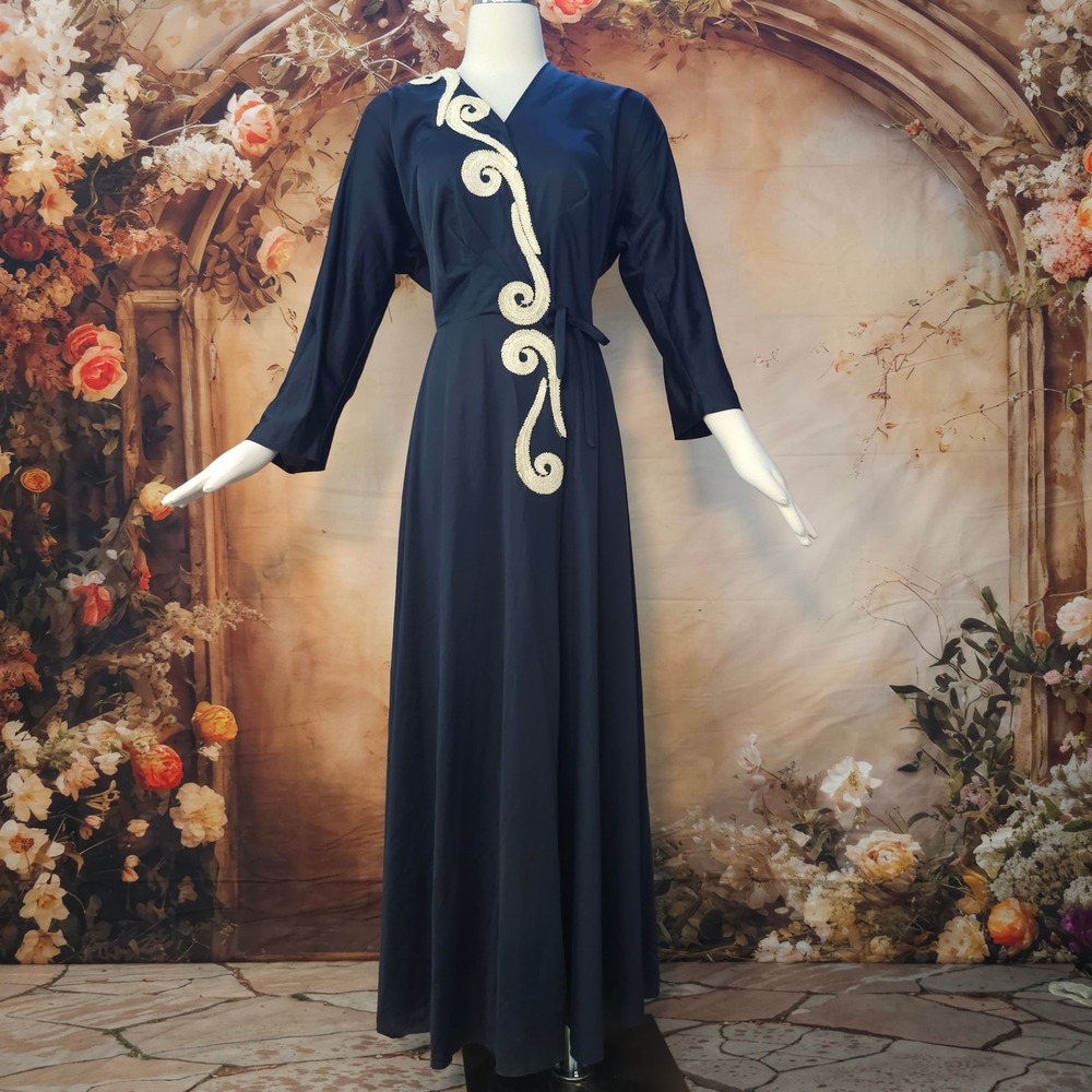Vintage 1940s Kamore Wrap Robe Hostess Housecoat Navy Blue Soutache Embroidered